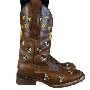 Moreria Bumble Bee‎ Sunflower Brown Leather Embroidered Western Boots 6 Mexico